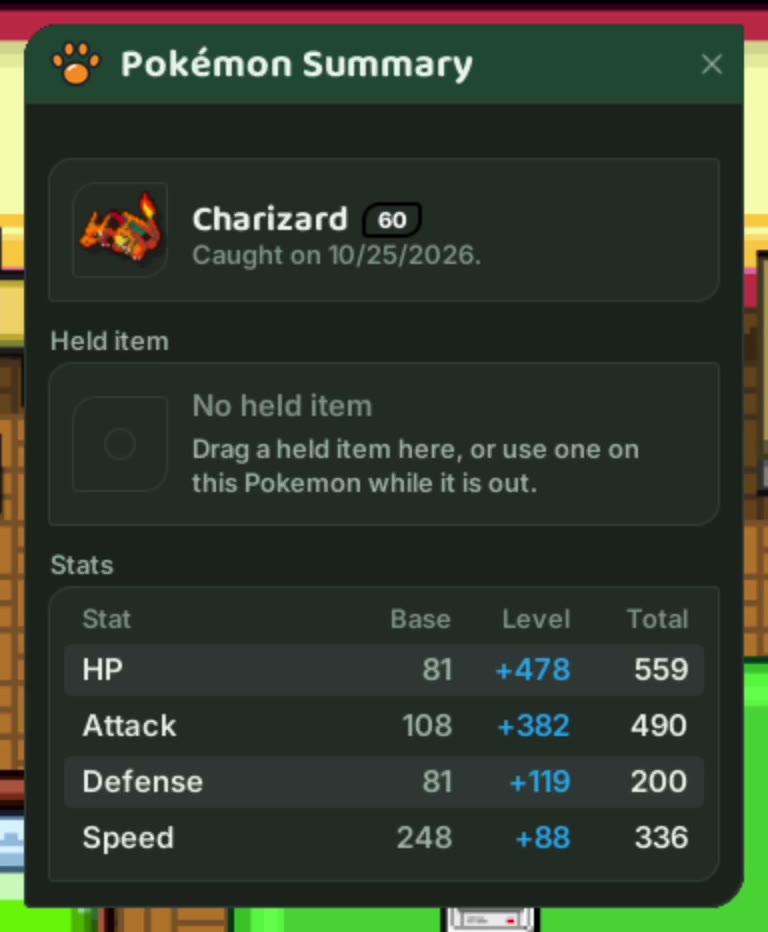 Pokémon summary: stats and moves